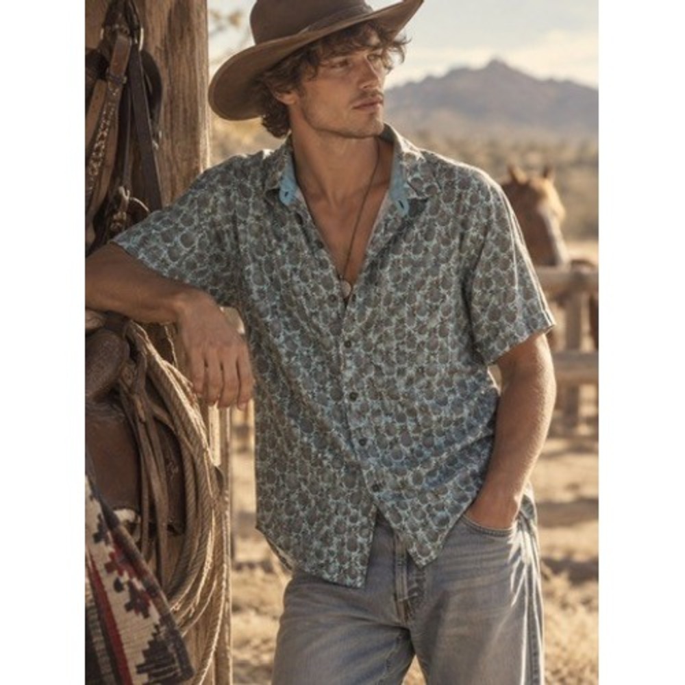 Tommy Bahama Men XL Blue Pineapple Print Cotton Tencel Short Sleeve Button Shirt